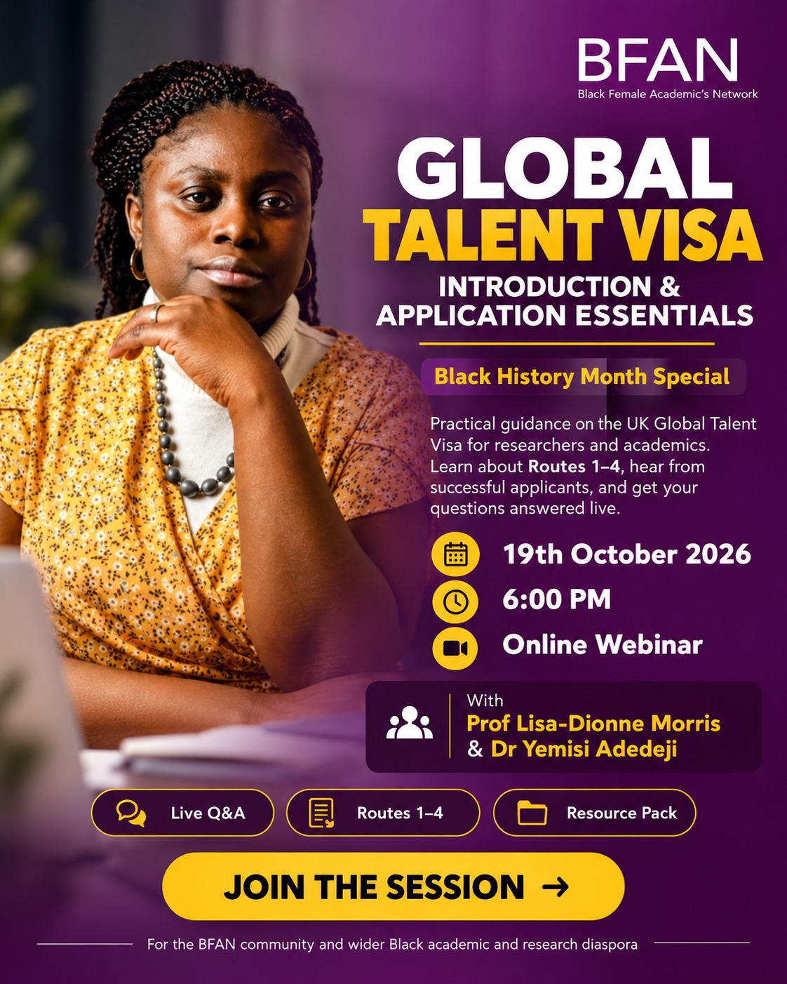 BFAN Global Talent Visa webinar poster, 19 October 2026